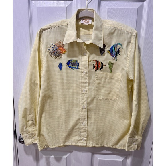Katia Designs Tops - Tia Designs Pompano Beach Vintage Yellow Gingham Sea Life Appliques Small Blouse